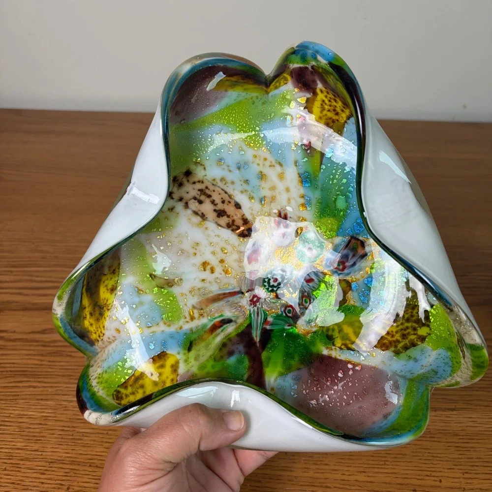 Vintage Murano Art Glass Bowl Gold Fleck Trifold White Green Tutti Fruitti